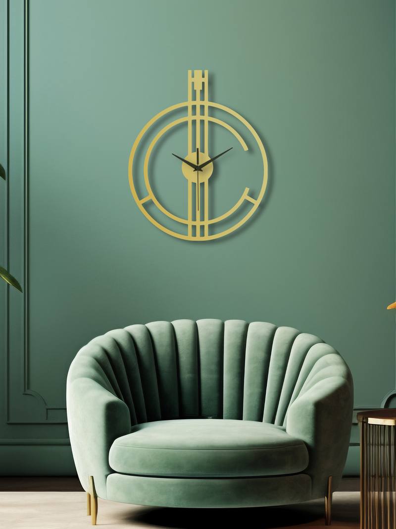 Geometrik Çizgi Temalı Daire Metal Duvar Saati - Altın