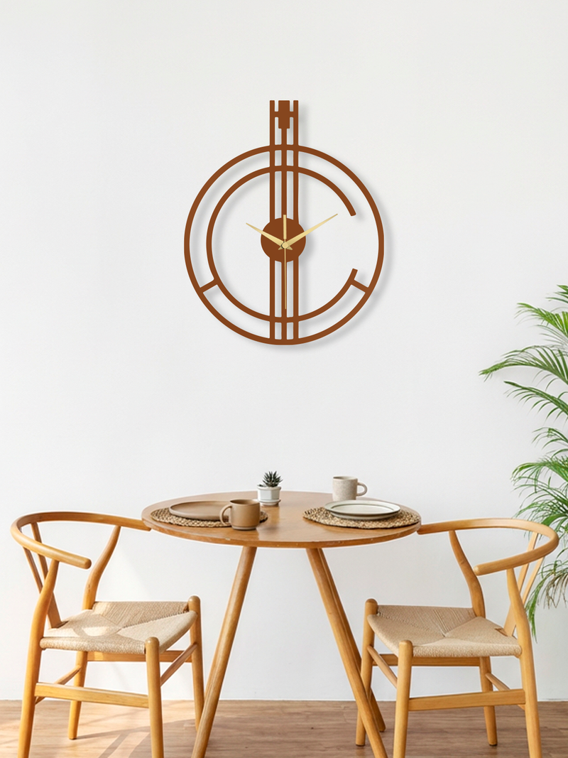 Geometrik Çizgi Temalı Daire Metal Duvar Saati - Bakır