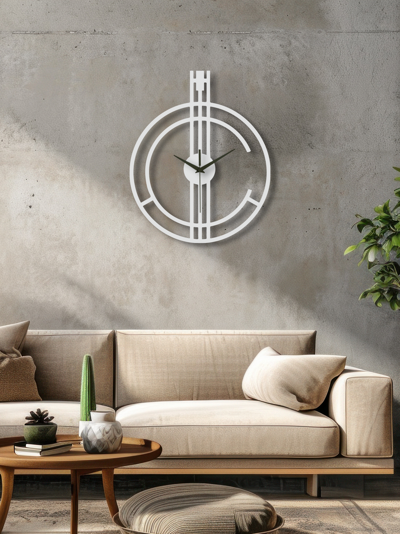 Geometrik Çizgi Temalı Daire Metal Duvar Saati - Beyaz