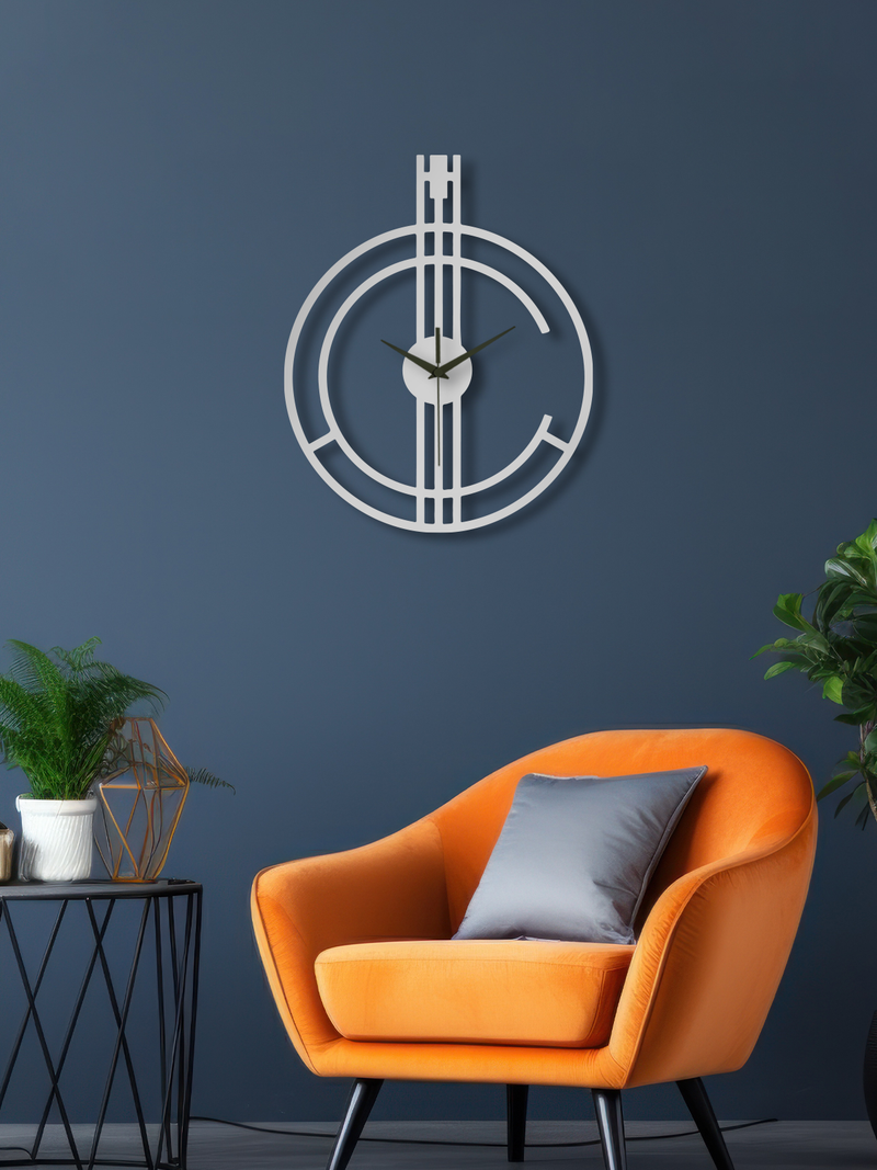 Geometrik Çizgi Temalı Daire Metal Duvar Saati - Gümüş
