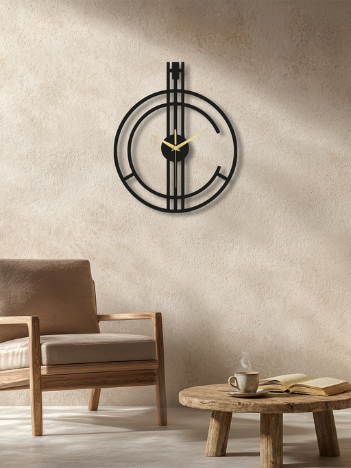 Geometrik Çizgi Temalı Daire Metal Duvar Saati - Siyah