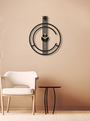 Geometrik Çizgi Temalı Daire Metal Duvar Saati - Siyah
