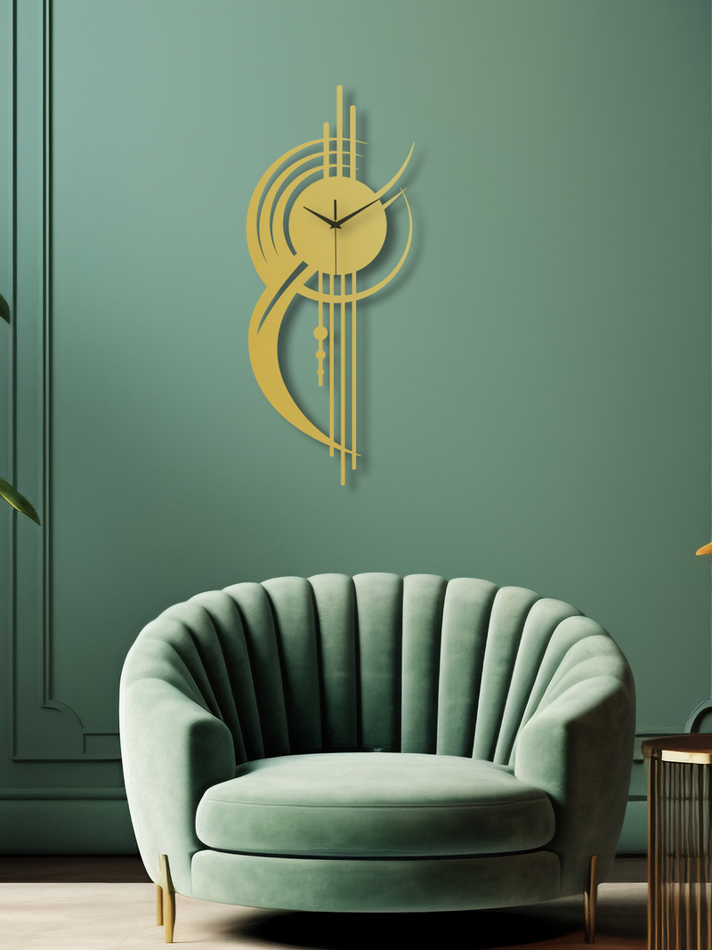 Geometrik Çizgi Temalı Daire Metal Duvar Saati - Altın
