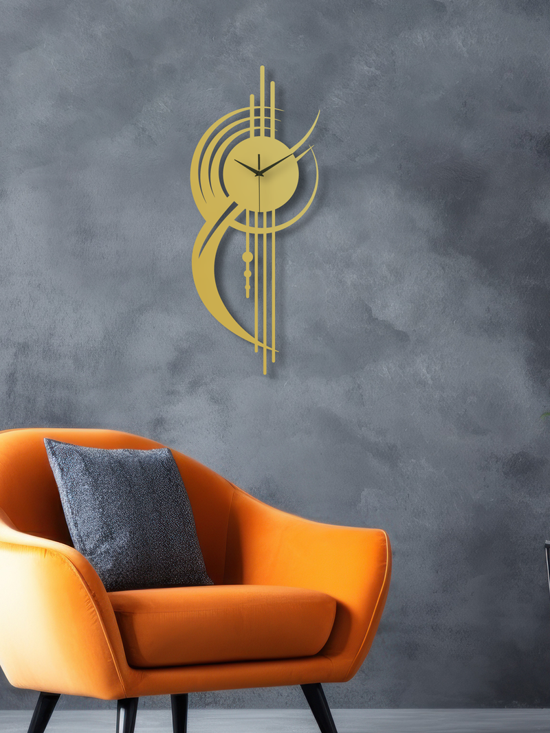Geometrik Çizgi Temalı Daire Metal Duvar Saati - Altın