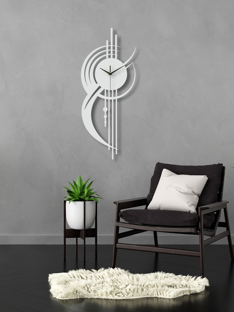 Geometrik Çizgi Temalı Daire Metal Duvar Saati - Beyaz