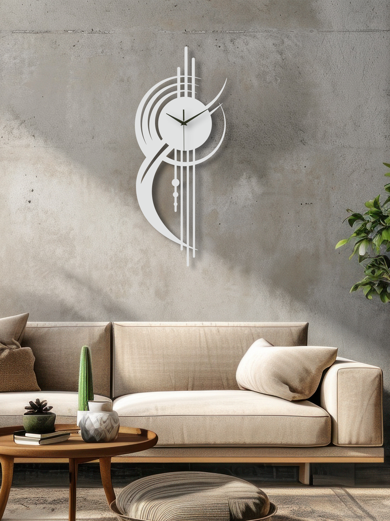 Geometrik Çizgi Temalı Daire Metal Duvar Saati - Beyaz