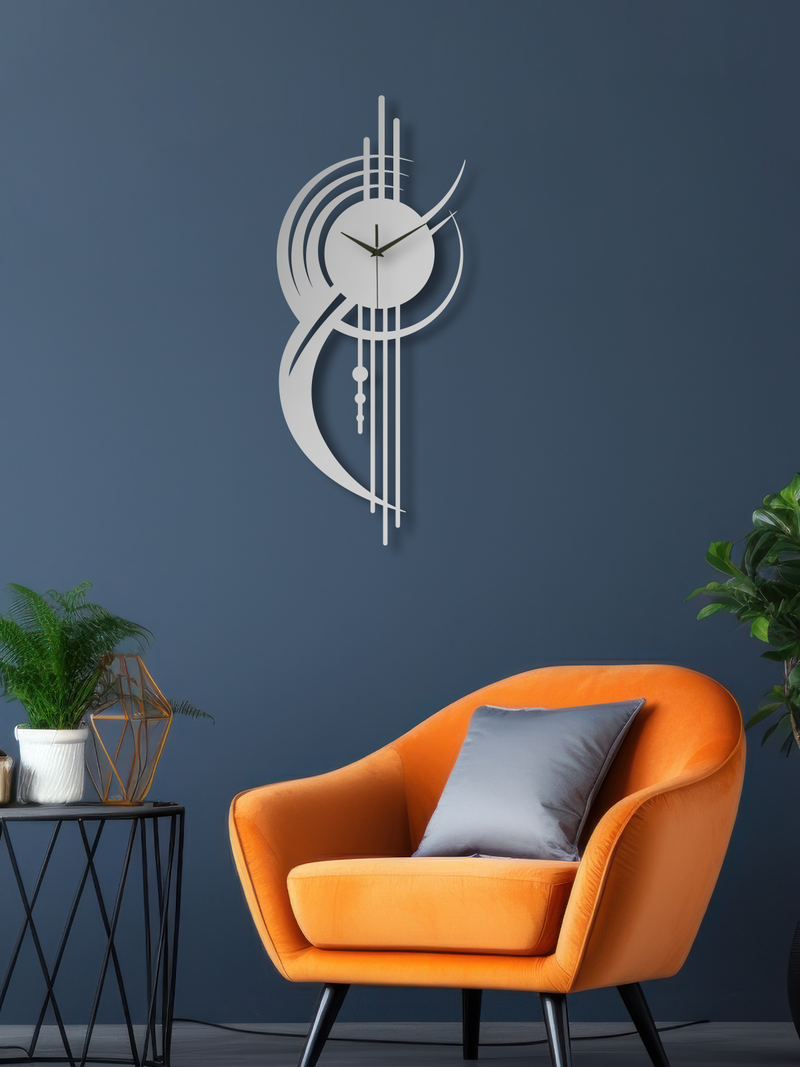 Geometrik Çizgi Temalı Daire Metal Duvar Saati - Gümüş