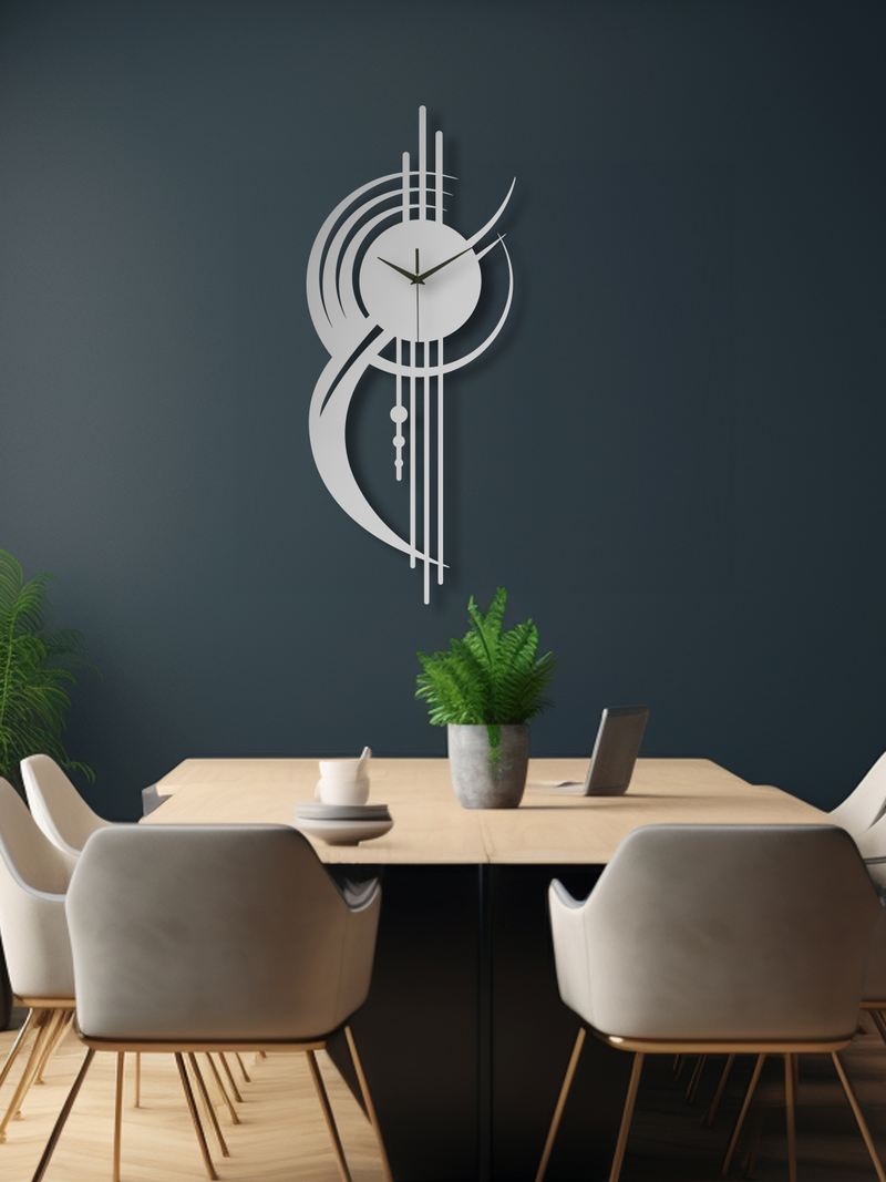 Geometrik Çizgi Temalı Daire Metal Duvar Saati - Gümüş