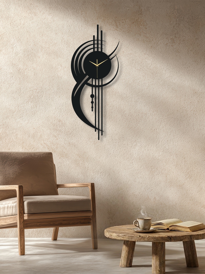 Geometrik Çizgi Temalı Daire Metal Duvar Saati - Siyah