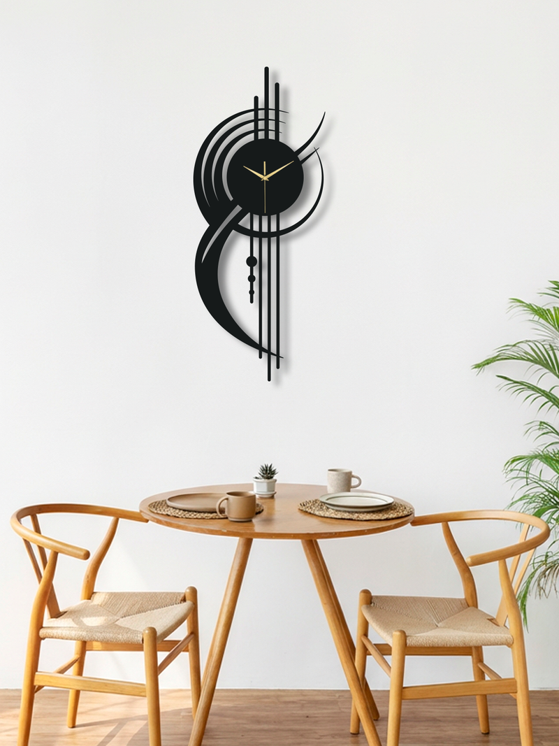 Geometrik Çizgi Temalı Daire Metal Duvar Saati - Siyah