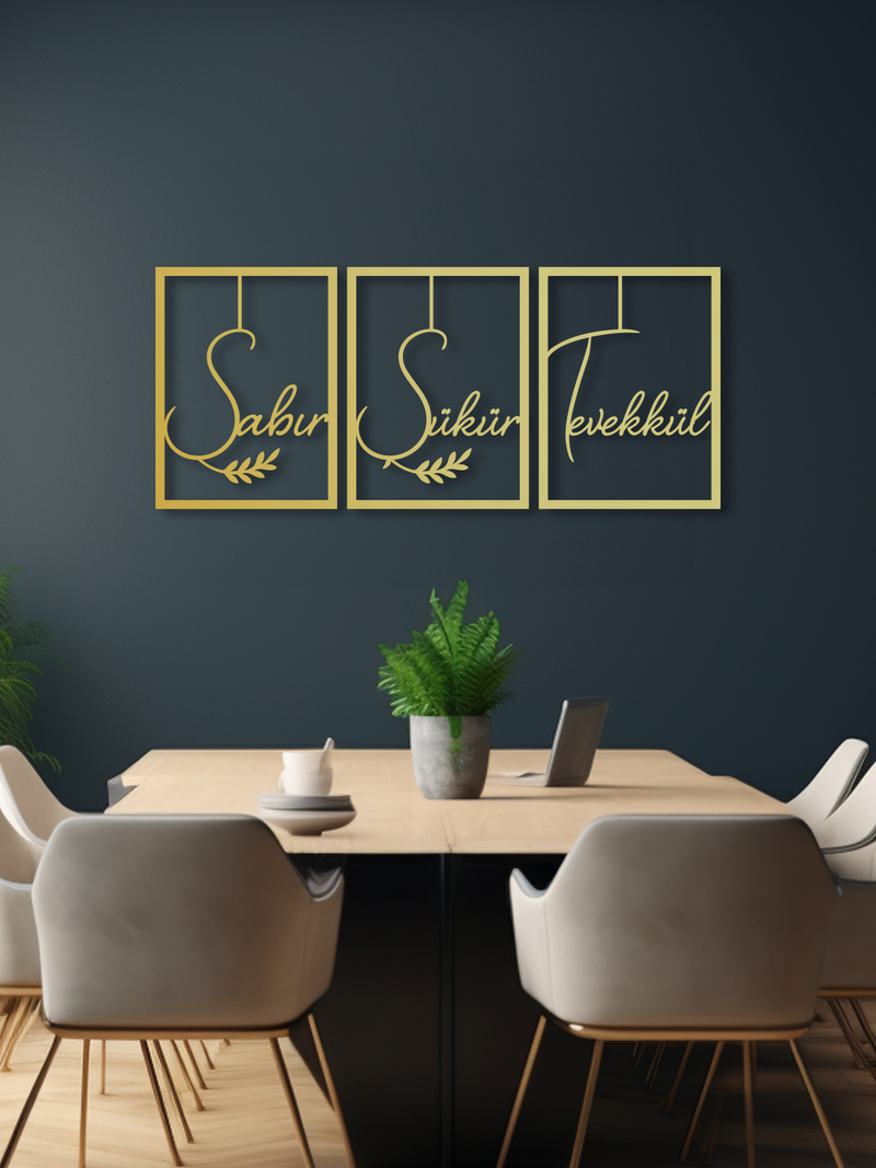 Sabır Şükrü Tevekkül Türkçe Yazılı Metal Duvar Tablosu 3'lü Set - Altın
