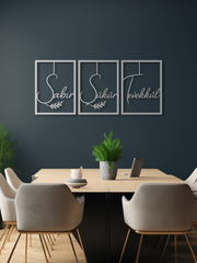 Sabır Şükrü Tevekkül Türkçe Yazılı Metal Duvar Tablosu 3'lü Set - Gümüş