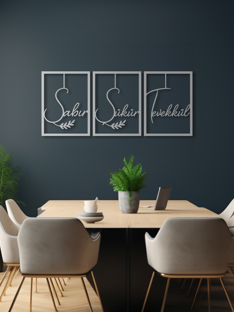 Sabır Şükrü Tevekkül Türkçe Yazılı Metal Duvar Tablosu 3'lü Set - Gümüş