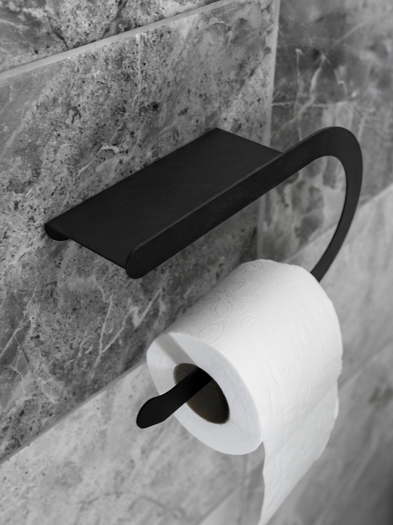 Raflı Tuvalet Kağıdı Askılığı Siyah Metal | WC Kağıtlık ve Telefon Rafı