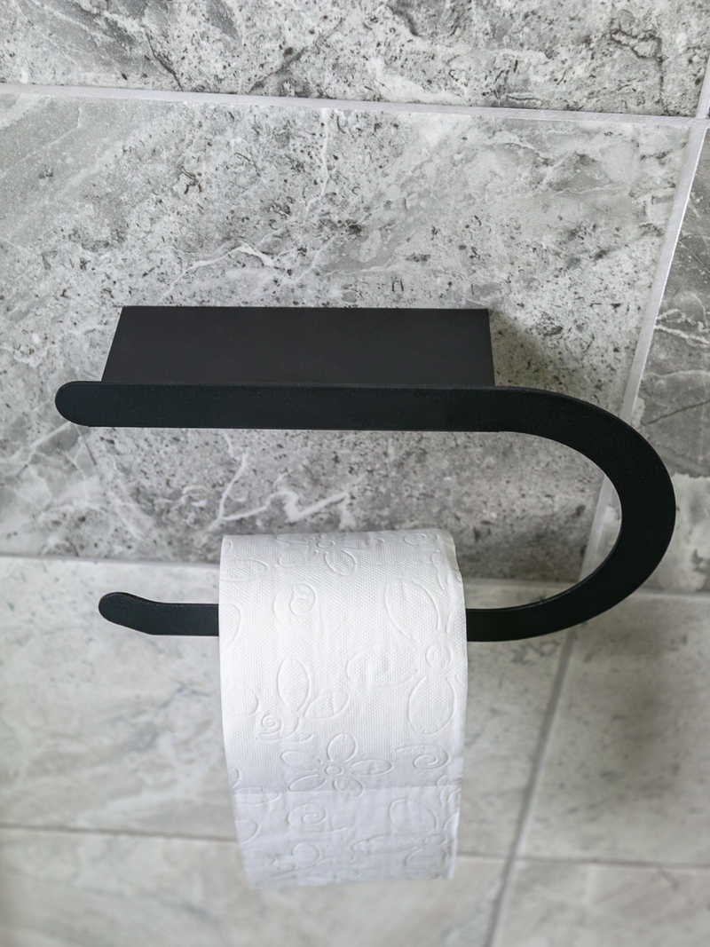 Raflı Tuvalet Kağıdı Askılığı Siyah Metal | WC Kağıtlık ve Telefon Rafı
