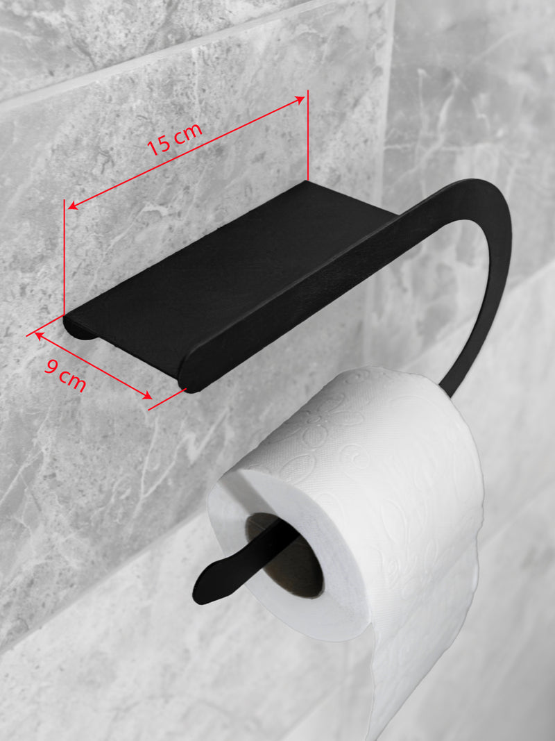Raflı Tuvalet Kağıdı Askılığı Siyah Metal | WC Kağıtlık ve Telefon Rafı