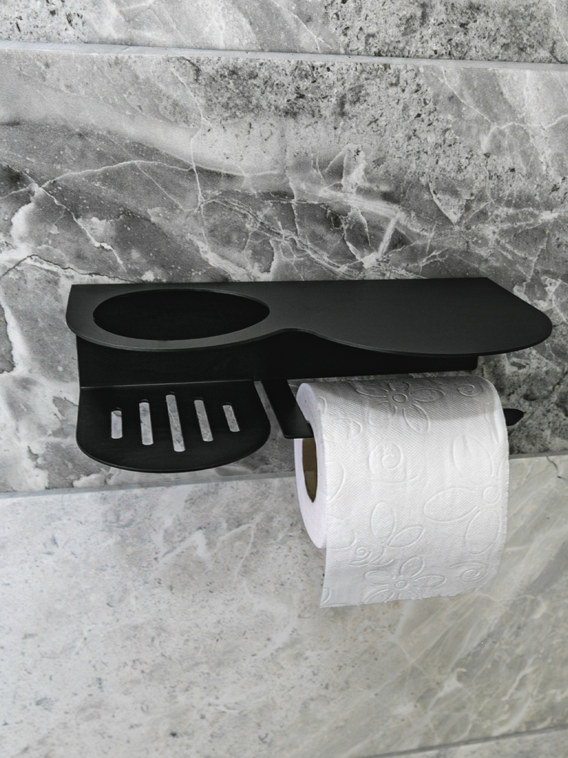Raflı Oda Kokulu Tuvalet Kağıtlığı Siyah Metal | WC Kağıt Askılığı ve Organizer