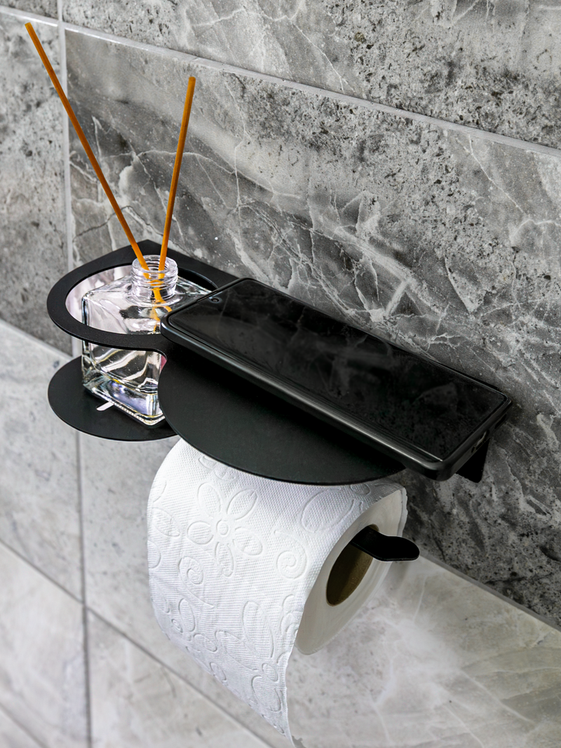 Raflı Oda Kokulu Tuvalet Kağıtlığı Siyah Metal | WC Kağıt Askılığı ve Organizer