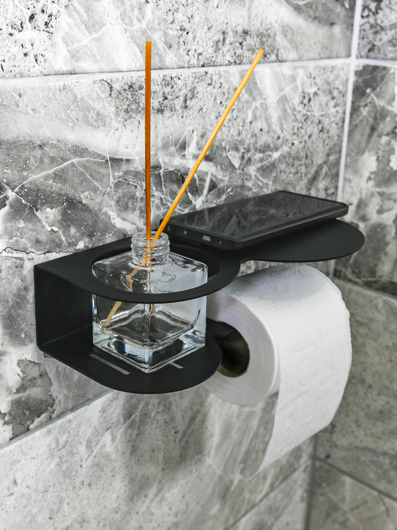 Raflı Oda Kokulu Tuvalet Kağıtlığı Siyah Metal | WC Kağıt Askılığı ve Organizer