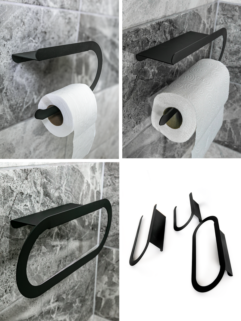 3'lü Banyo Seti Siyah Metal | Raflı Havluluk + Tuvalet Kağıtlık + Havlu Kağıtlık