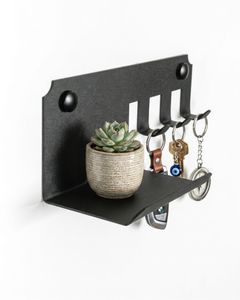 Raflı 3 Askılı Metal Anahtar Askılığı, Duvar Tipi Anahtar Organizer